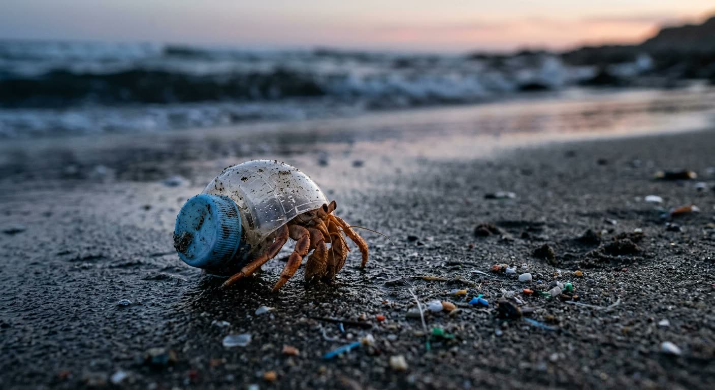 Cangrejo ermitaño que usa una botella de plástico como concha