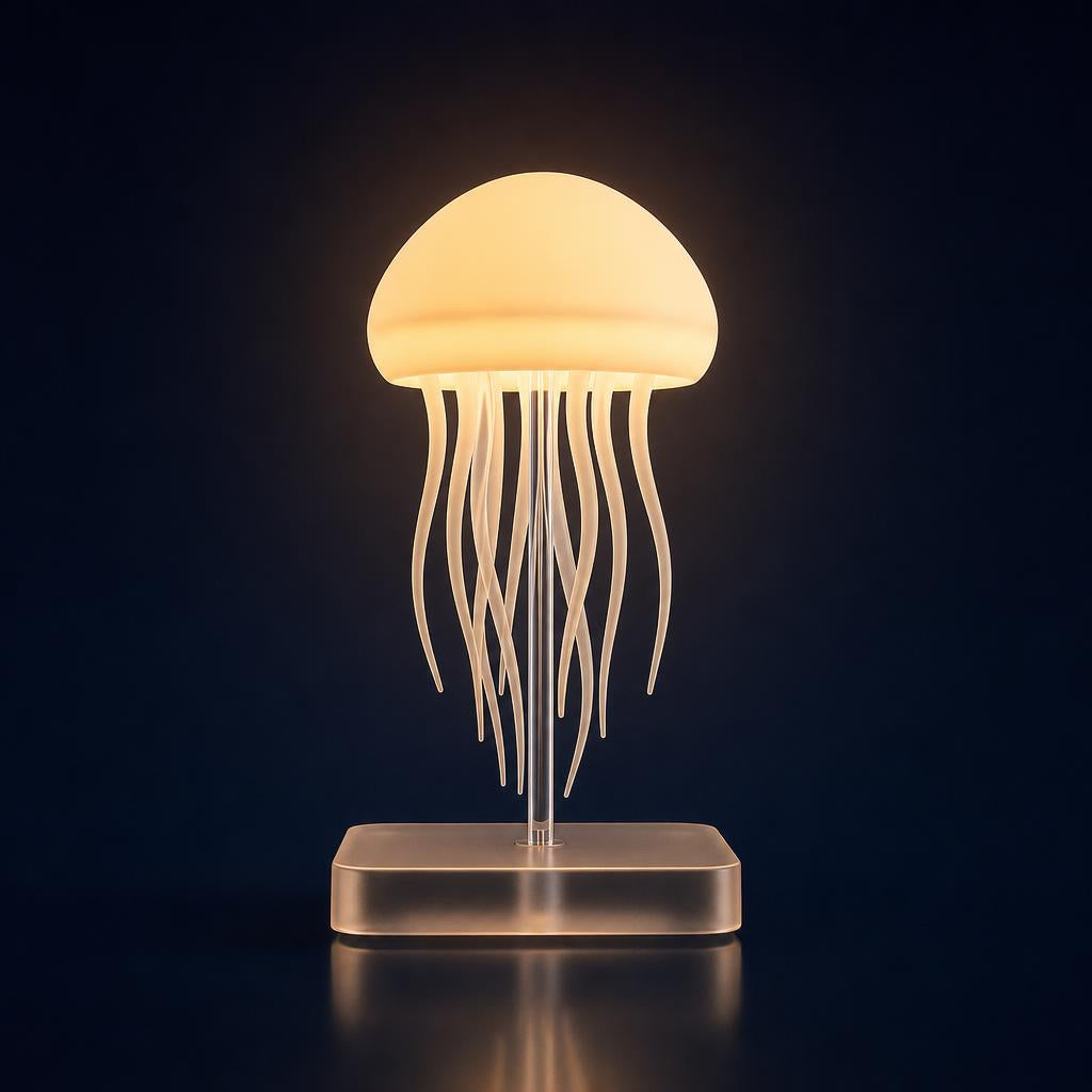 Lámpara medusa Aurelia con luz blanca cálida, vista en contrapicado