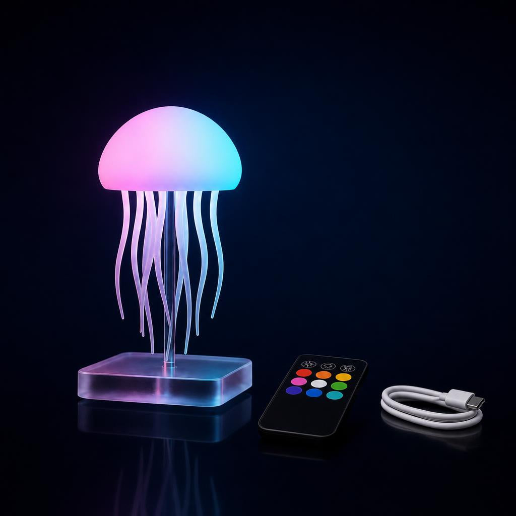 Lámpara medusa junto al mando a distancia con botones de colores y el cable USB-C