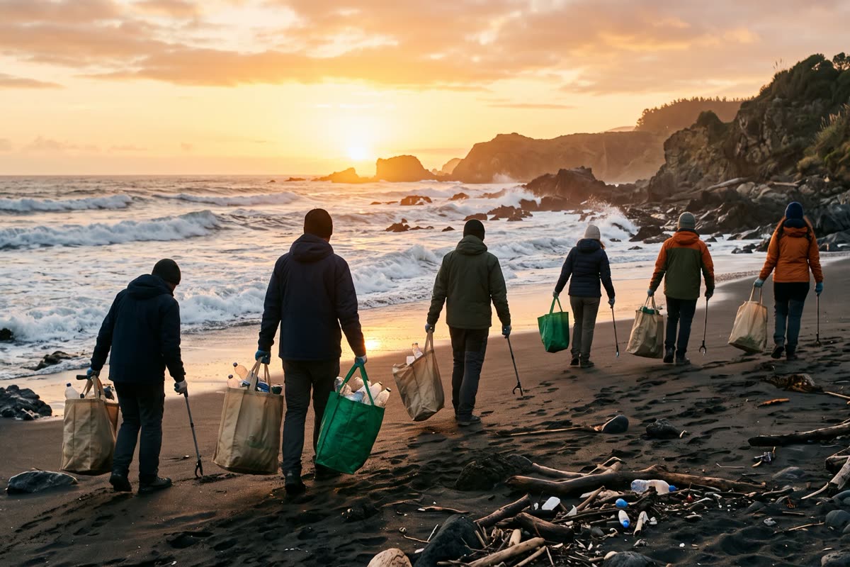 Voluntarios recogen plástico en una playa de arena negra al atardecer